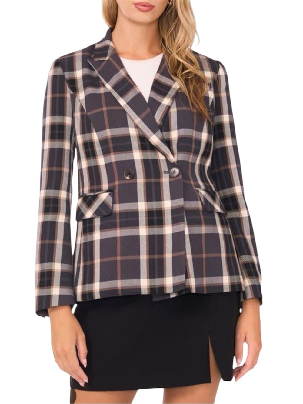 1.STATE Plaid Double Breasted Blazer Size 6 Brown Black Check Career